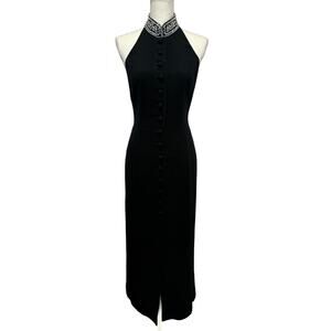 Niteline by Della Roufogali Halter Maxi Dress 10 Black Vintage Y2K Beaded Neck